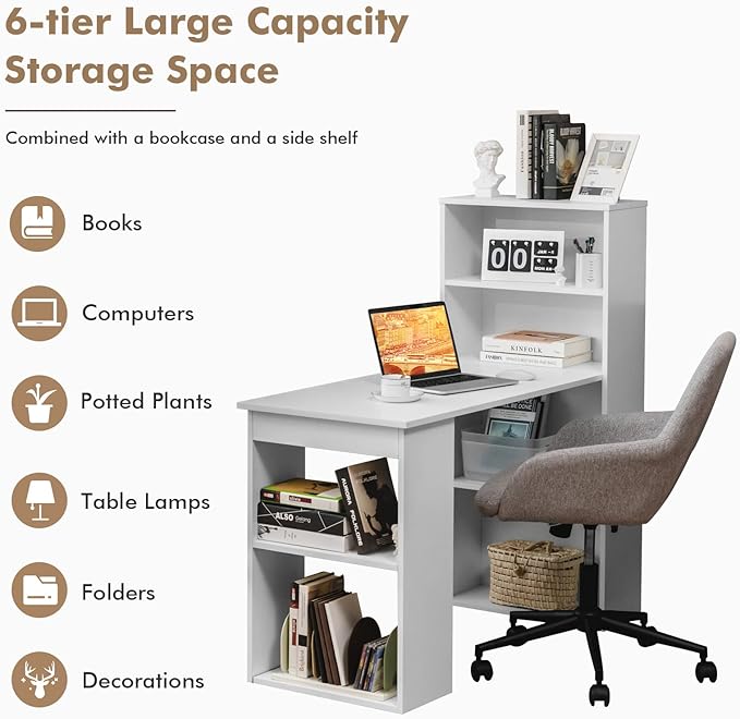 COSTWAY White Computer Desk with Shelves 48” Study Writing Desk with 6-Tier Storage Shelves Reversible Study Workstation w/Wide Base for Home Office &amp Dorm Easy Assembly