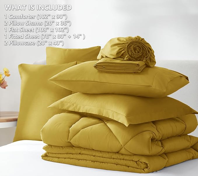 CozyLux King Size Comforter Set Mustard Yellow - 7 Pieces Bed in a Bag King Luxury Soft Bed Set for All Seasons Bedding Set with Down Alternative Comforter Sheets Pillowcases &amp Shams