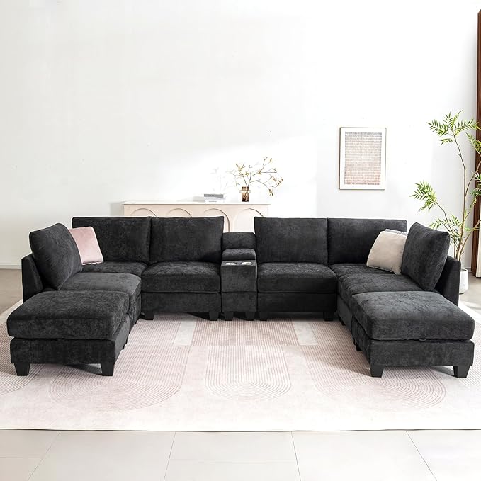 136.4 Modular Sectional Sofa U-Shaped 8 Seater Sectional Sofa with Storage Ottoman Linen L-Shaped Couch Large Cloud Couch with Cup Holders &amp USB for Living Room（Black