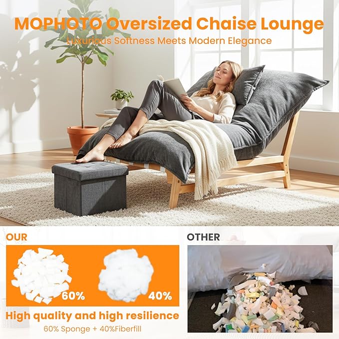 MOPHOTO Oversized Chaise Lounge Chair with Ottoman Multi-Functional Upholstered Recliner Chair Comfy Accent Chair with Storage Footrest &amp Pillow for Living Room Bedroom &amp Reading (Grey