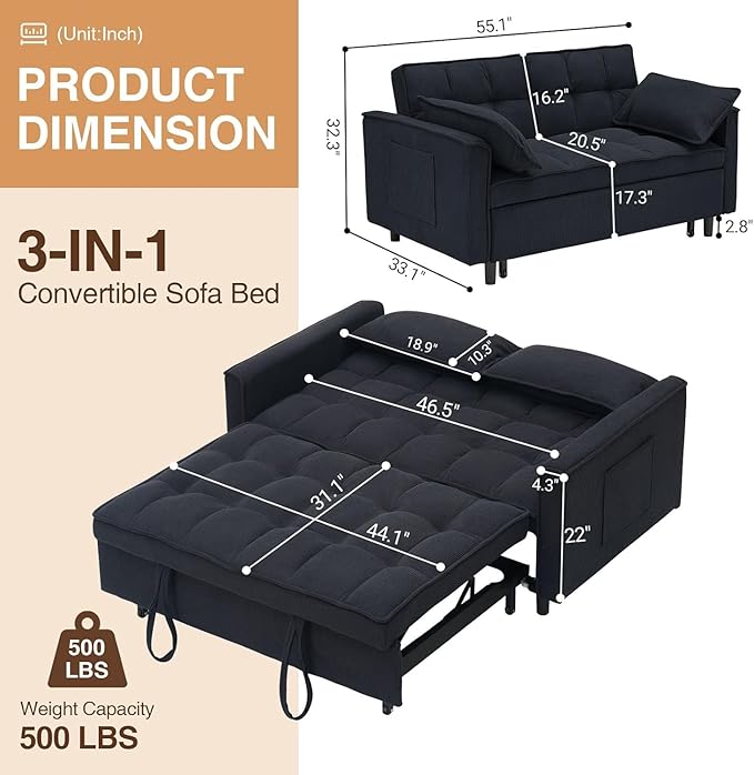 3 In 1 Corduroy Convertible Sofa BedPull Out Couch Bed with Reclining Backrest And 2 Pillows 54 Full Size Loveseat Sleeper Sofa Futon Couch Bed Couches For Small Spaces Living Room (Dark Grey)