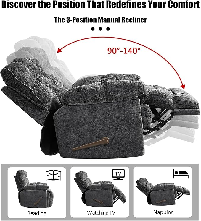 Oversized Rocker Recliner Chair for AdultsOverstuffed 360° Swivel Rocking Recliner Extra Wide Breathable Fabric Manual Reclining Single Sofa for Living Room (Gray)