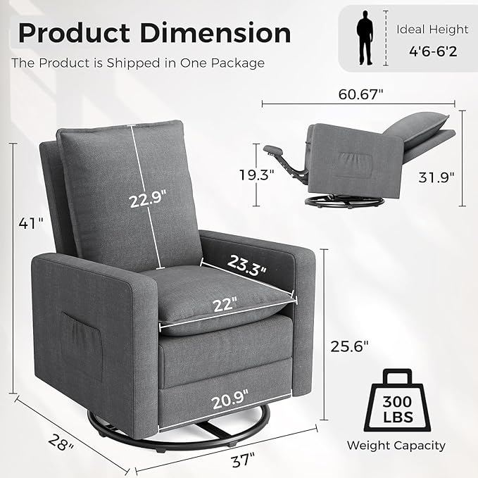 Rocker Recliner 360 Swivel Recliner Chair for Adults Fabric Chair with High Back Adjustable Push Back Overstuffed High-Density Sponge Reclining for Living Room Home Theater Nursery Bedroom