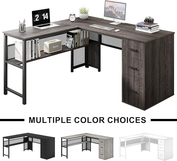LVB L Shaped Desk Wood Metal Computer Desk with Drawer Industrial Corner Home Office Desk with Storage Cabinet for Bedroom Dark Gray Oak 59 Inch