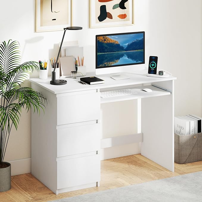 GOFLAME Computer Desk with 3 Drawers &amp Charging Station 42” Home Office Desk with Storage &amp Keyboard Tray Writing Desk PC Workstation Vanity Table (White)