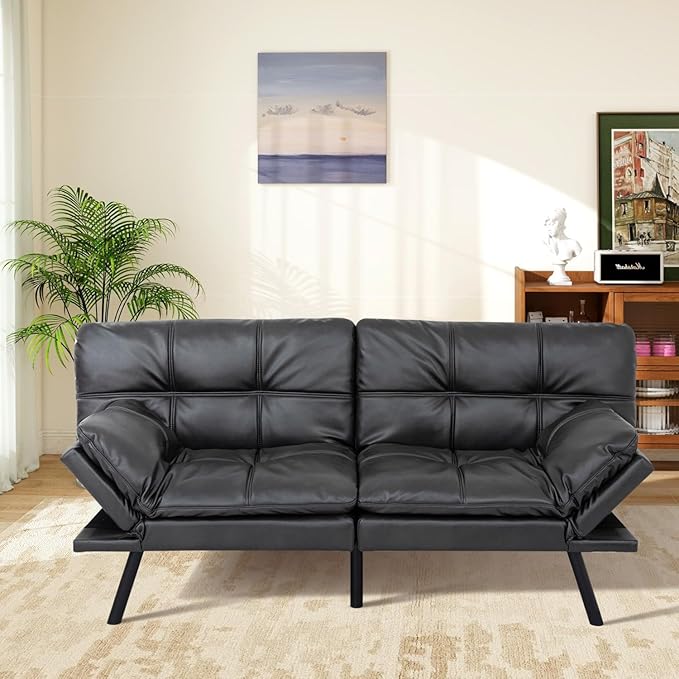 MUUEGM Futon Sofa Bed Memory Foam Matte Black Futons Modern Office Couch Sleeper Bed Convertible Love seat Sofa for Small SpacesApartmentOffice with Adjustable Armrest Backrest