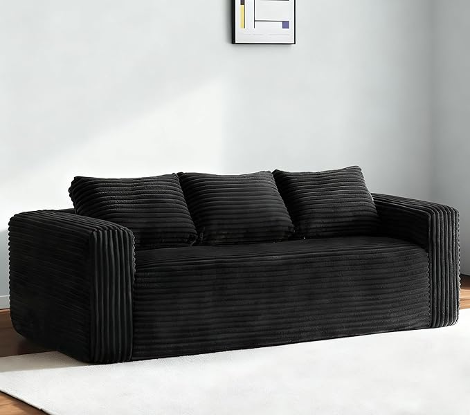 Cloud Sofa Couch in a Box Small Boneless Couch for Living Room Compressed Cloud Boneless Sofa with Memory Foam Modern Corduroy Loveseat 3 Seater Black