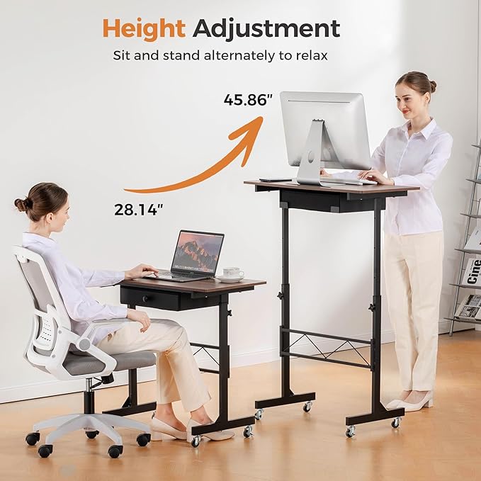 COMHOMA Small Standing Desk Adjustable Height Small Computer Desk Mobile Portable Rolling Laptop Table with Wheels 32 Computer Workstation Sit Stand Desks Portable Standing Table Treadmill desks
