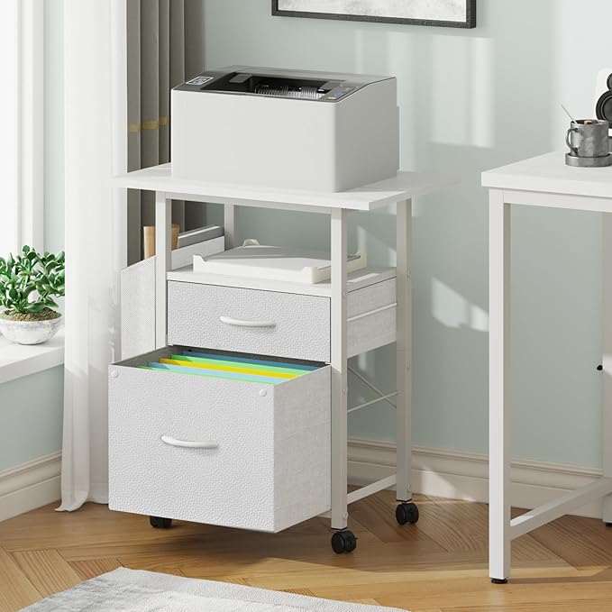 GYIIYUO 2 Drawer File Cabinet with 24'' Extended Desktop Mobile Filing Cabinet Rolling File Cabinet with Side Bag Fabric Drawer Fits A4/Letter Size Printer Stand Home Office White