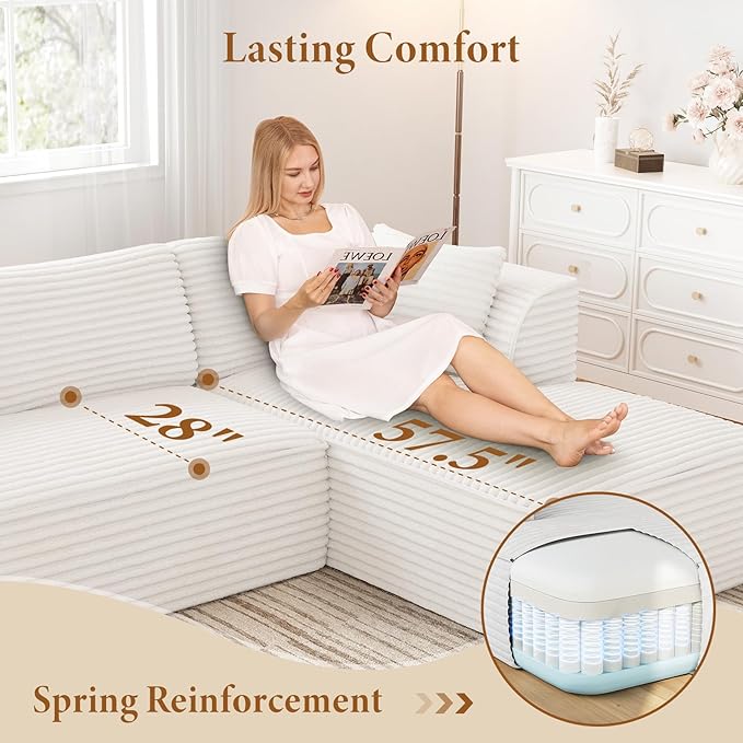 Vesgantti 106 Modular Sectional Sofa with Chaise Deep Seat Comfy Cloud Couch Corduroy L Shaped Sofa Sectional Couches for Living Room Bedroom No Assembly Required (Beige Right-Facing Chaise)