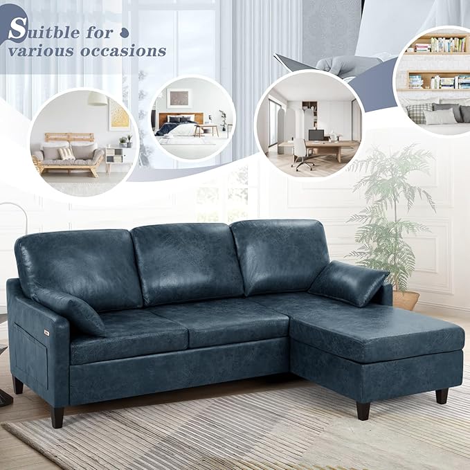 76 Sectional Sofa Couch w/Reversible Chaise Suede Leather L Shaped Sofa w/USB Charger Ports &amp Storage Bag Convertible Modern Couch w/Storage Space for Living Room Small Space Blue