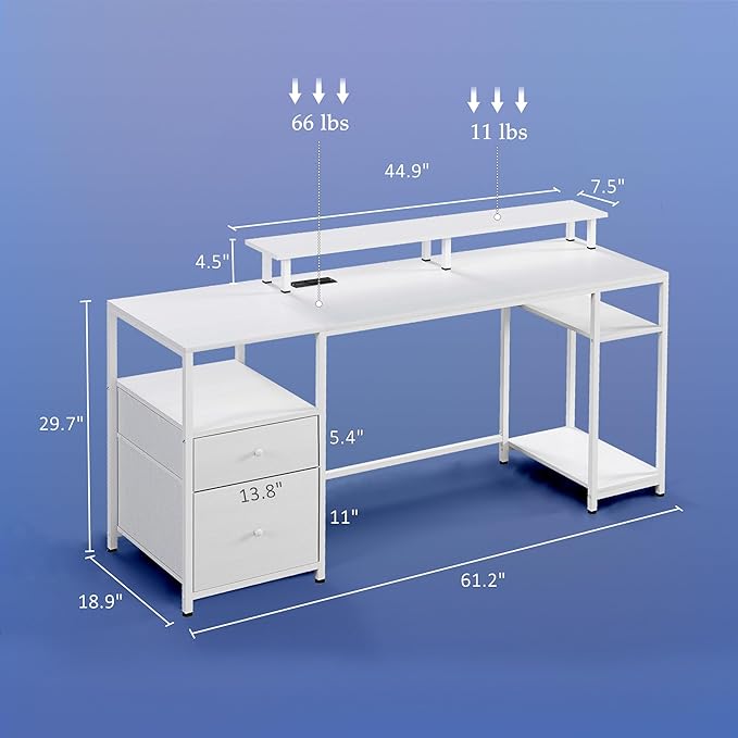 61 Computer Desk with LED Lights Power Outlets and USB Ports Gaming Desk with Storage Shelves Monitor Stand Fabric Drawers Remote for Home Office Study Distressed White