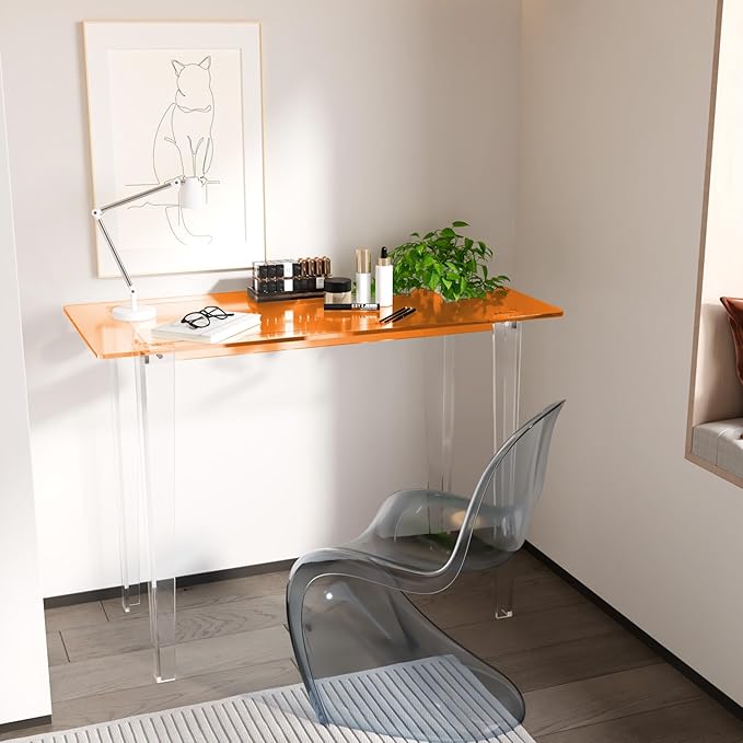 Modern Acrylic Desk for Home Office - Multi-Purpose Study Table with Extended Surface Sturdy Lightweight Design Transparent Orange Console &amp Entryway Table (42.5 Inch)