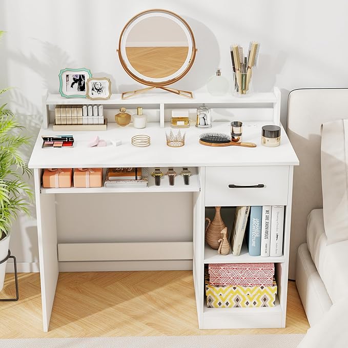 Tangkula White Desk with Drawer &amp Keyboard Tray Home Office Desk with Built-in Charge Station &amp Adjustable Shelf Study Writing Table with Hutch Modern Computer PC Workstation