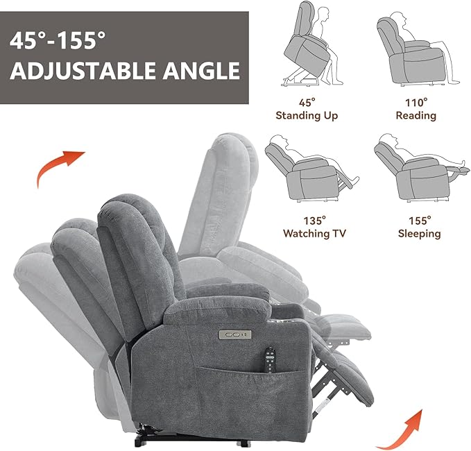 Power Lift Chair with Massage &amp Heat Electric Recliner Chairs for Adults Remote Control Sofa for Living Room Standing Assistance USB Ports Stainless Steel Cup Holders (Grey1)