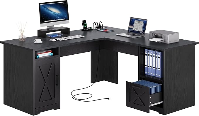 YITAHOME L Shaped Desk with Power Outlets 60 Inch Computer Desk Corner Desk with File Drawer Home Office Desk with Monitor Stand &amp Storage Shelves L-Shaped Desk with File Cabinet Black