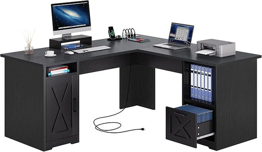 YITAHOME L Shaped Desk with Power Outlets 60 Inch Computer Desk Corner Desk with File Drawer Home Office Desk with Monitor Stand &amp Storage Shelves L-Shaped Desk with File Cabinet Black