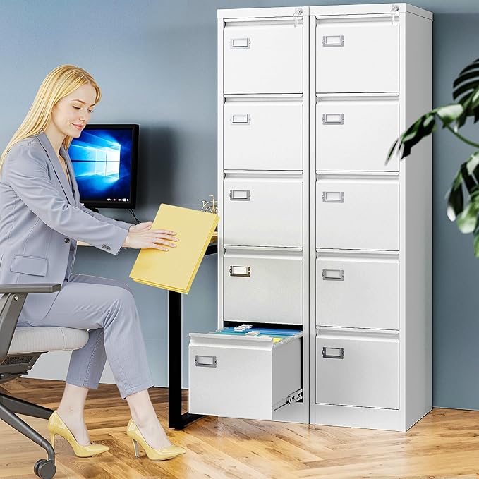 5 Drawer File Cabinet with Lock Metal Filing Cabinets for Home Office Vertical White Locking File Caninet Steel Narrow Five Drawer File Cabnet for Letter/Legal / A4 / B4- Assembly Required