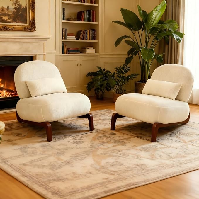 HAZO Cute Accent Chair with Solid Wood Legs Velvet Living Room Chair with Soft Cushion Cozy Bedroom Chair Comfy Armless Reading Chair for Apartment Waiting Room Balcony (White-2pcs)