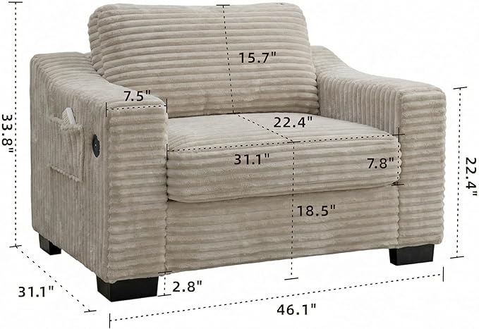 46.1''W Oversized Accent Chair Modern Single Armchair with USB Charger &amp Storage Pocket Comfy Reading Chair Tufted Corduroy Fabric for Living Room Bedroom Apartment Office (Camel)