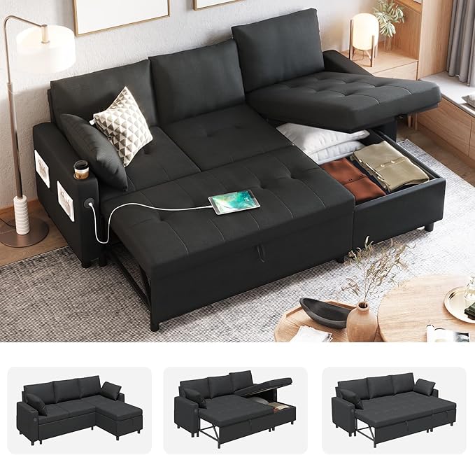 Esright 84'' Black Sleeper Sofa Bed L Shaped Sectional Convertible Pull Out Couch with Storage Chaise for Living Room Sleeper Sofa Couch with Pullout Bed USB Cup Holders Side Pockets(Black)