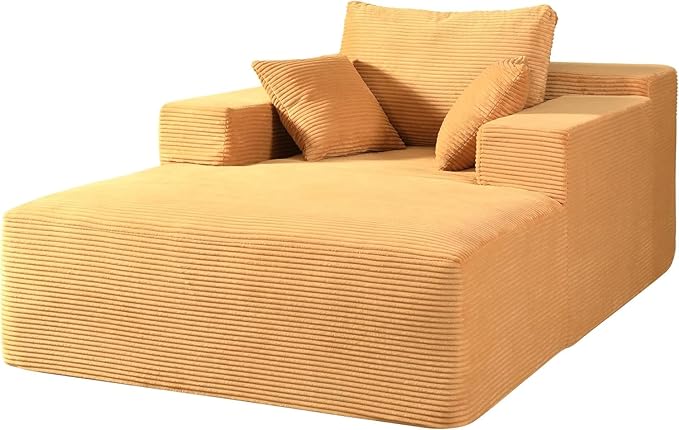 Monroe Convertible Chaise Lounge Chair Indoor – Oversized Corduroy Couch with Wide Armrest &amp Throw Pillows Cozy Boneless Sleeper Sofa Bed Armchair Ginger Yellow