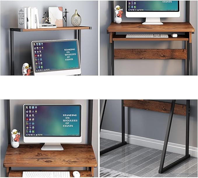 2-Tier Computer Desk with Keyboard Tray28 Inch Ladder Desk Home Office Writing Desk with Storage Hutch for Small Space Modern Writting Table (Brown)