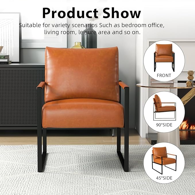 INZOY Leather Accent Chair with Metal Frame Set of 2 Comfy Living Room Chair with Plump Backrest and Cushion Mid Century Modern Chair with Sturdy Structure Easy to Clean Brown