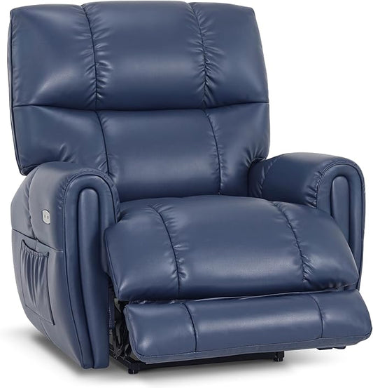 MCombo Lay Flat Dual Motors Recliner for Adults Leather Oversized Power Recliner Chair with Heat and Vibration Infinite Position USB and Type C Ports 6199 (Navy Blue)