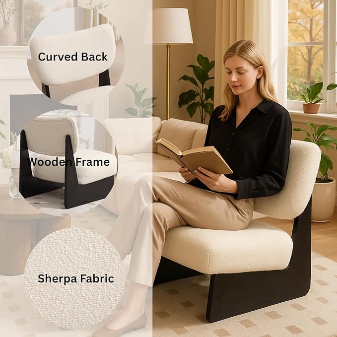 Beige Furry Living Room Chairs Set of 2 Cozy Upholstered Armless Accent Chair for Bedroom Black Wood Frame Vintage Modern Lounge Reading Chair for Apartment Waiting Room Office Beige