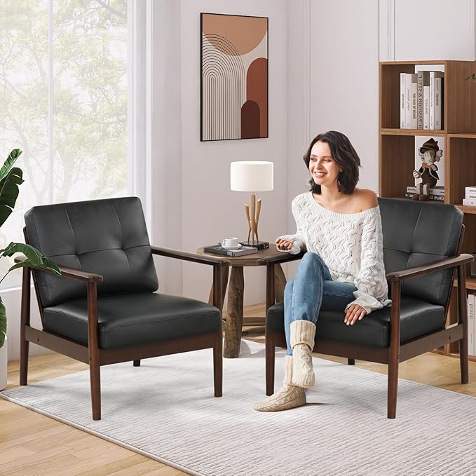 STHOUYN Mid Century Modern Chair PU Leather Accent Chair with Wood Arms Living Room Chairs Reading Armchair for Bedroom Waiting Room Office