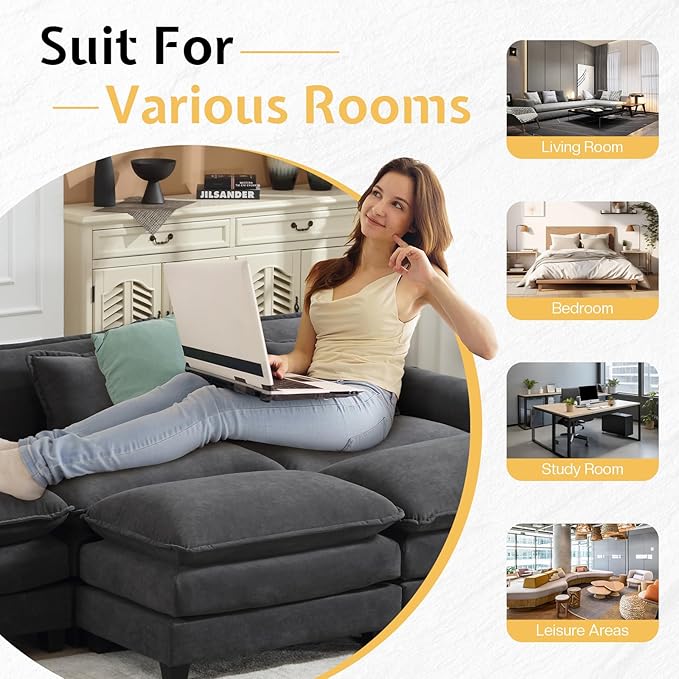 Sectional Sofa Modular Cloud Couch with Ottoman Deep Seat Sleeper Sofas with Throw Pillows Comfy Velvet Single Sofa for Living Room Apartment (Dark Grey Single Seat)