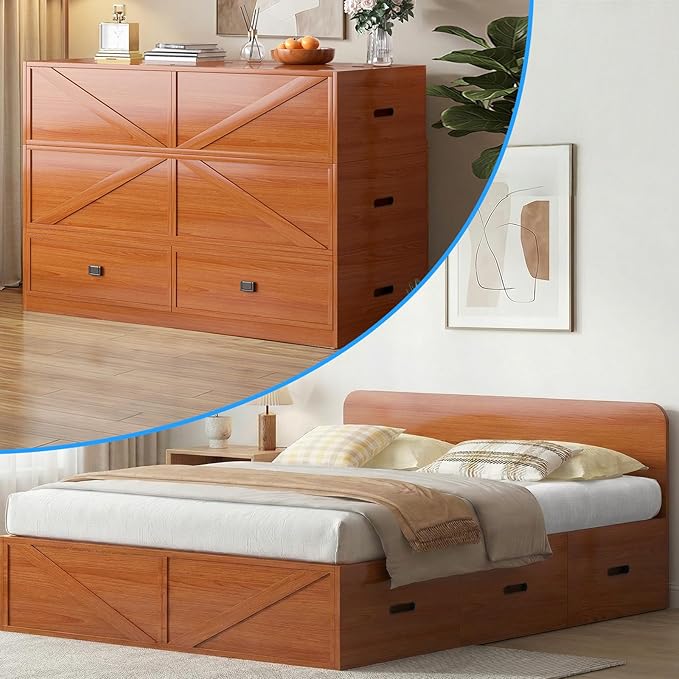 PUREMIND Murphy Bed Full with Mattress Included Wood Cabinet Bed with Dual Storage Drawers &amp 2 Pillows 3-in-1 Convertible Sofa Beds for Small Space Guest Room Home Office Cherry