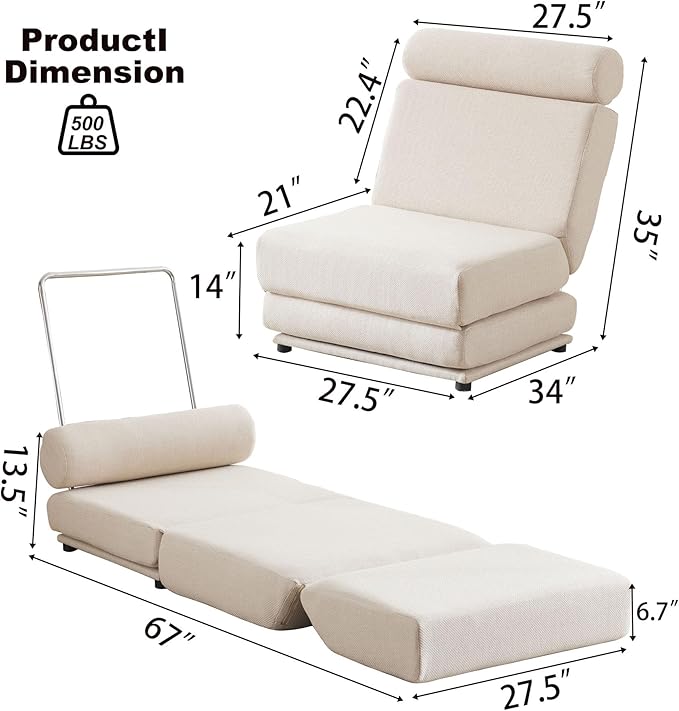 Convertible Chair Bed Sleeper&amp Floor Futon Sofa Bed Chair Fold Out Sleeper Chair Bed with Pillow Single Sofa Chair for Bedroom Living Room Small Space (Cream White)