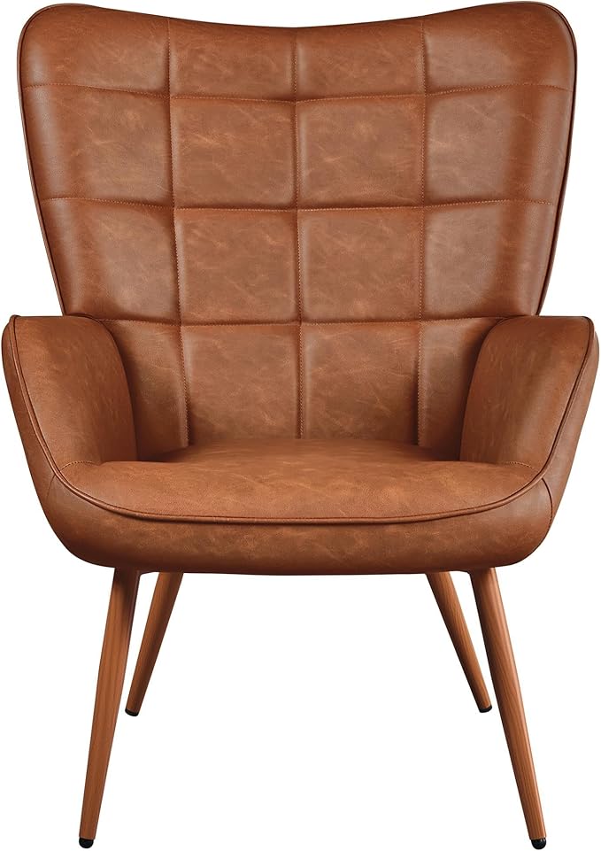 Topeakmart PU Leather Accent Chair Modern Armchair with Tufted High Back Oversized Vanity Chair Reading Chair for Living Room/Bedroom Brown