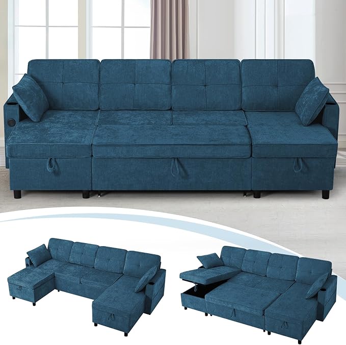 110 Inches U Shaped Sofa w/Adjustable Back &amp Pull-Out Sofa Bed Chenille Tufted Sectional Couch w/Storage Chaise &ampUSB Charging Port Modern Sleeper Couch w/Cup Holders for Living Room Blue