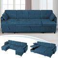 110 Inches U Shaped Sofa w/Adjustable Back &amp Pull-Out Sofa Bed Chenille Tufted Sectional Couch w/Storage Chaise &ampUSB Charging Port Modern Sleeper Couch w/Cup Holders for Living Room Blue