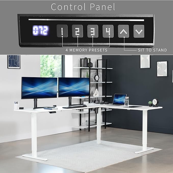 VIVO Corner Standing Desk 84 x 63 inch Reversible L-Shaped Workstation Electric Height Adjustment Home Office and Reception Rooms White Table Top White Frame DESK-E3CTWW-84