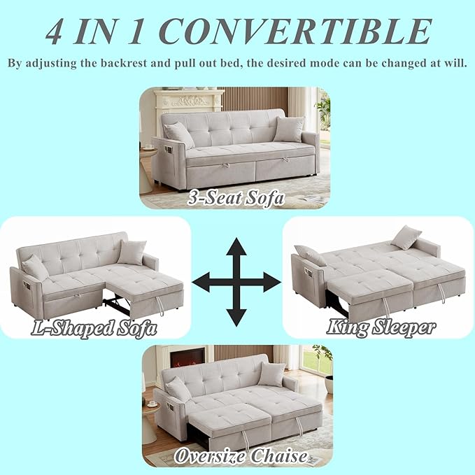 King Size Pull Out Sofa Bed 4-in-1 Convertible Sofa Bed Couch Chenille 3 Seaters Sofa Sleeper with Dual Pull Out Bed &amp Adjustable Backrest for Living Room Beige