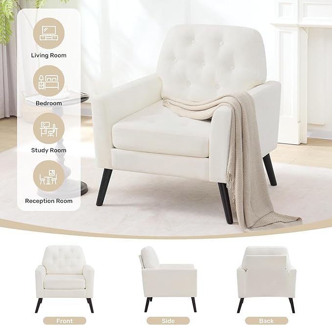 Accent Chair Set of 2 Mid Century Modern Living Room Chairs Upholstered Armchair with Tufted Back &amp Wood Legs Single Sofa Reading Side Chair for Bedroom Office Waiting Room White