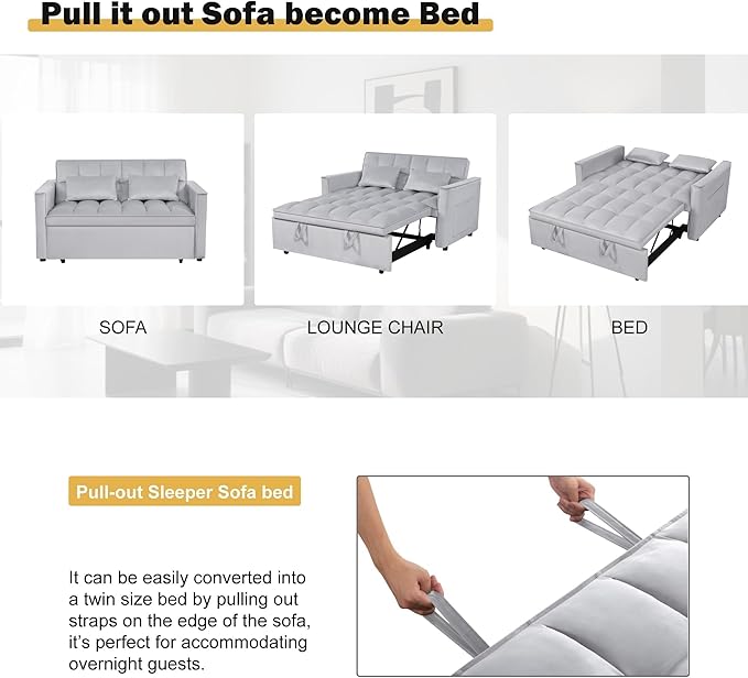 Convertible Sofa Bed Love Seat Sleeper Bed with Side Pockets 3 in 1 Velvet Fabric Pull Out Couch with Adjustable Backrest for Living Room Bedroom Apartment Light Gray