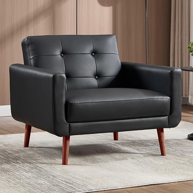 CANMOV 29 W Oversized Leather Accent Chair Armchair Button Back Mid Century Modern Accent Chairs for Living Room Modern Upholstered Bed Room Chair Cozy Armchair with Wood Legs Black