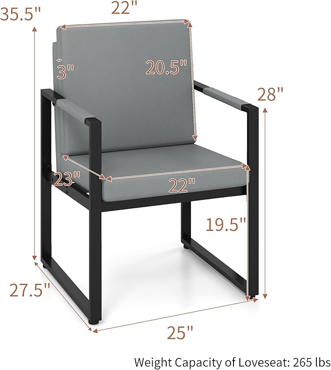 KOMFOTT Metal Frame Accent Chair Set of 2 Faux Leather Modern Industrial Single Sofa Chairs with Upholstered Cushions Armrests Comfy Armchair for Living Room Home Office Reception (Grey)