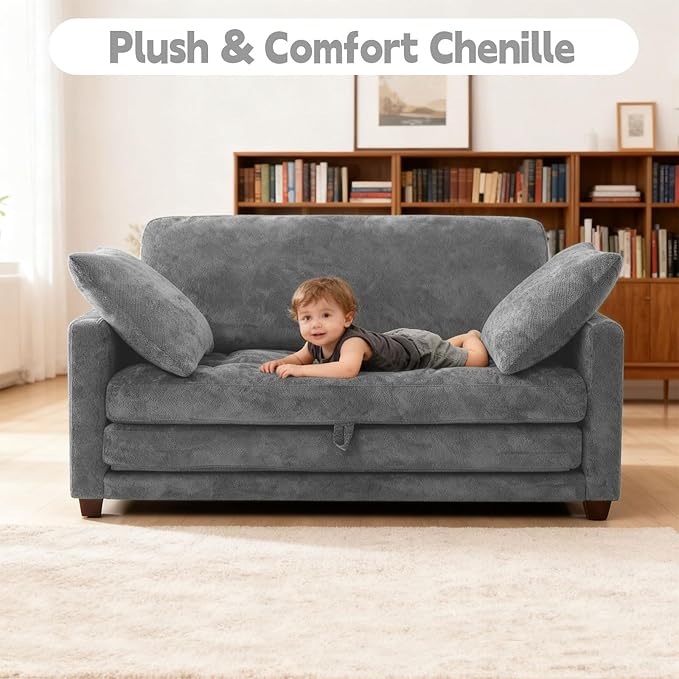 2-in-1 Convertible Loveseat Sofa Bed - Folding Pull-Out with Deep Seat 2 Pillows &amp Solid Steel Frame Loveseat Sleeper Sofa Bed for Small Spaces Apartment Living Room &amp Guest Room (Gray Che