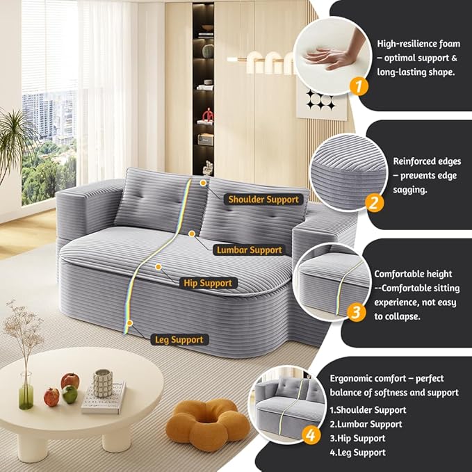 78.7'' Folding Sofa Bed Queen Sleeper Sofa 2-in-1 Convertible Corduroy Boneless Couch with Blanket Modern Futon Loveseat Couches for Living Room Guest Bed No Assembly Couch Light Grey
