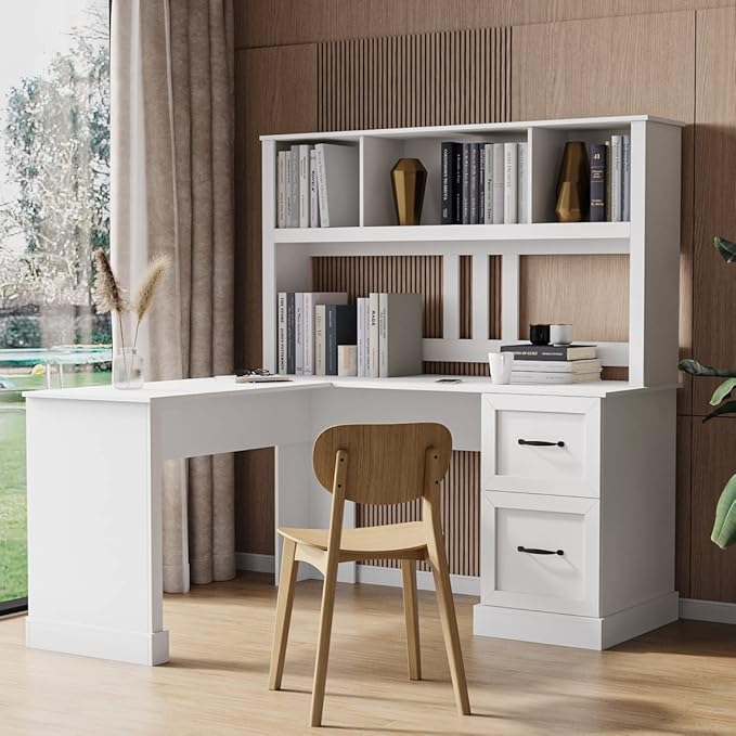 Bellemave L Shaped Computer Desk with Hutch Home Office Desk with Drawers and Bookshelf Corner Desk Study Table Writing Desk with Storage Easy Assemble Antiqued White