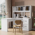 Bellemave L Shaped Computer Desk with Hutch Home Office Desk with Drawers and Bookshelf Corner Desk Study Table Writing Desk with Storage Easy Assemble Antiqued White