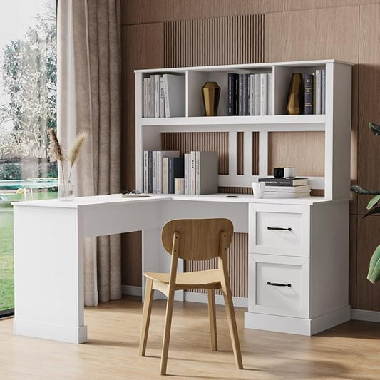 Bellemave L Shaped Computer Desk with Hutch Home Office Desk with Drawers and Bookshelf Corner Desk Study Table Writing Desk with Storage Easy Assemble Antiqued White