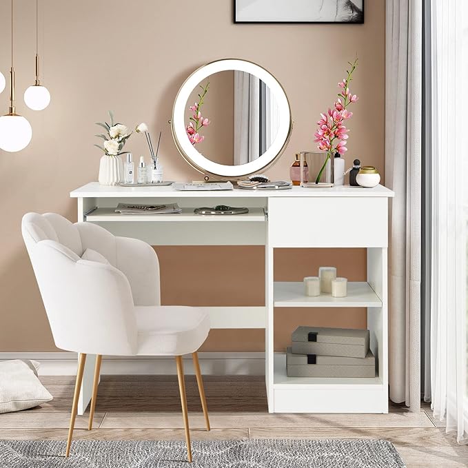 Computer Desk with Keyboard Tray and Drawer Home Office Desk with Adjustable Shelves &amp Cable Hole Modern Vanity Table for Bedroom Teens Gaming Desk Writing Study Workstation (White)