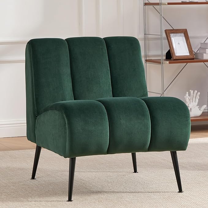 Modern Accent Chair Velvet Upholstered Fuzzy Club Chairs with Tufted Design Comfy Living Room Chair with Metal Legs Padded Reading Chair for Reading Room (Green-Velvet)